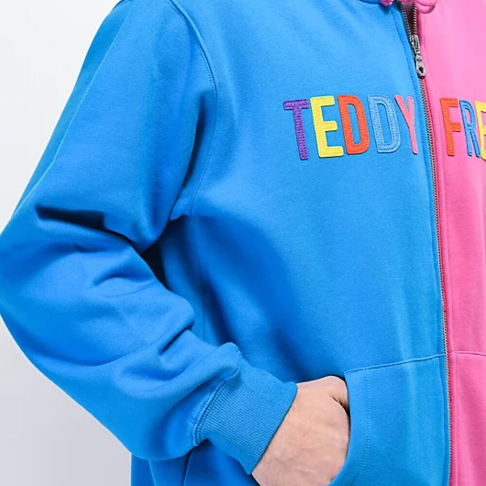 Teddy Fresh Women's Blue Pink Split Colorblock Casual Pullover Hoodie Size L